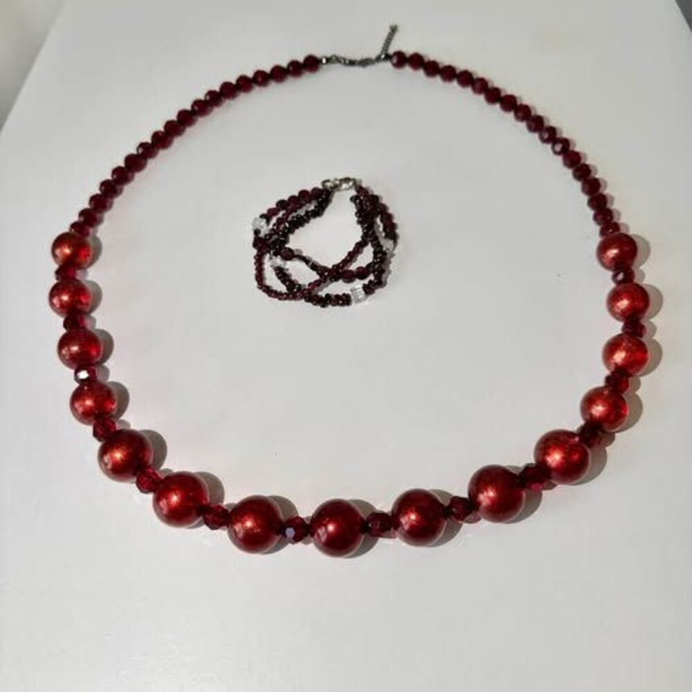 Deep Red Beaded Necklace & Garnet Bracelet Set Graduated Statement Triple-Strand